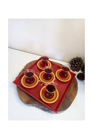 Yeni Yıl Tepsisi Ahşap Dekoratif Kare Kahve, Çay, Söz, Nişan, Sunum , Servis Tepsisi Kırmızı