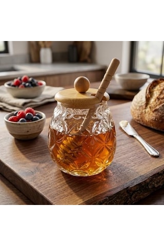 Bambu Kapaklı Cam Bal Kavanozu 350ml Kaşıklı & Şık Sunum Kavanozu Doğal Ahşap Kapaklı Cam Bal Saklama Kabı 7009