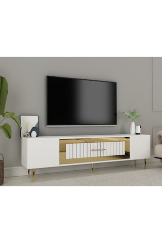 Lahor Tv Sehpası Tv Ünitesi 150 Cm Beyaz Altın