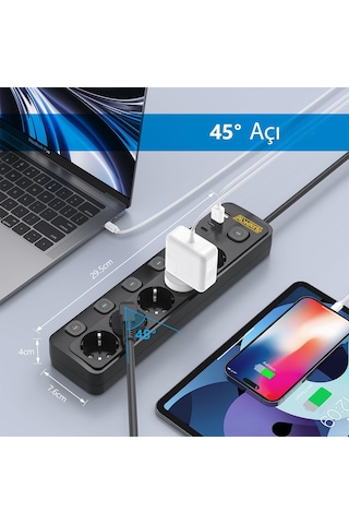 3680w Anahtarlı Akım Korumalı 5'li Grup Priz Çocuk Korumalı 2x Usb + 2x Type-c 2 M