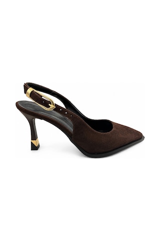 Papucumun Dünyası Siyah Slingback Sivri Burun Topukta Gold Metal Detaylı Ayarlanabilir Arka Tokalı Stiletto Kahverengi