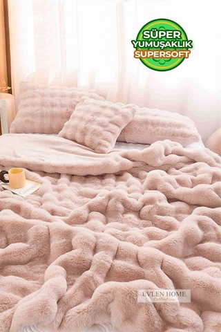 Evlen Home Kürk Yatak Örtüsü Çift Kişilik Dolgulu Peluş Yumuşak Çift Taraflı Yorgan 3 Parça Loria Pudra