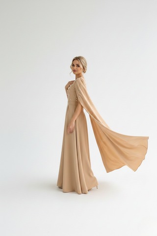 Defymoda Kadın İnci İşlemeli Şık Gece Davet Elbise Bej