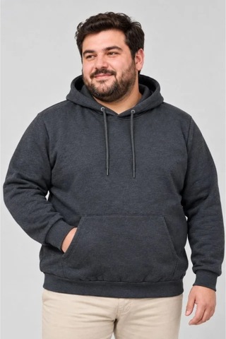 Butik İstanbul Erkek Battal Büyük Beden Üç İplik İçi Şardonlu Kapüşonlu Kanguru Cepli Kışlık Sweatshirt - Füme