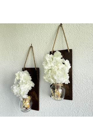 Led Işıklı, Beyaz Bahardalı Çiçekli Duvar Dekoru Ceviz İkili Set Ceviz