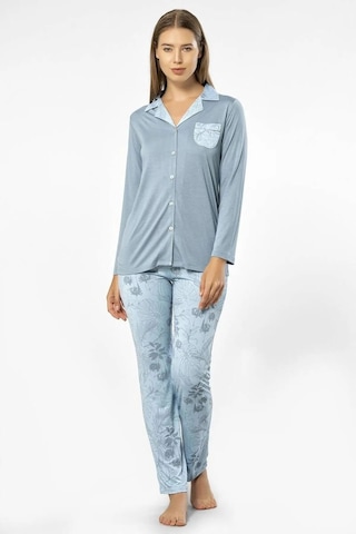 Türen 3377 Kadın Uzun Kollu Gömlek Pijama Takım-mavi Mavi