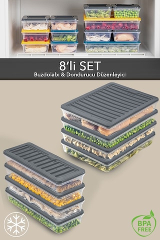 Meleni Home Buzdolabı Mikrodalga Saklama Kabı 8'Li Antrasit 4 x( 2400 ML) 4 x (1170 ML)