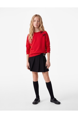 Koton Fiyonk Detaylı Uzun Kollu Bisiklet Yaka Şardonlu Sweatshirt Kırmızı 7wkg10055ak