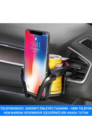 Coofbe Premıum 2in1 Araç İçi Bardak Tutucu Telefon Tutucu Araç Havalandırma Bardak Tutucu Sarsılmaz Siyah
