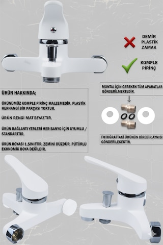 56623 Banyo Bataryası Duş Musluğu Musluk Armatür Siyah Beyaz Krom Gold Beyaz - Krom