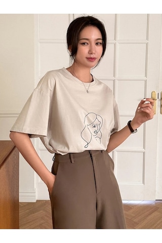 Korsan Kız Baskılı Unisex Bej Oversize T-shirt Bej