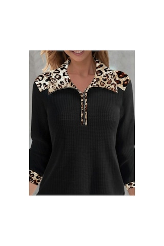 Butik İstanbul Kadın Uzun Kollu Leopar Yakalı Fermuarlı Waffle Bluz Siyah