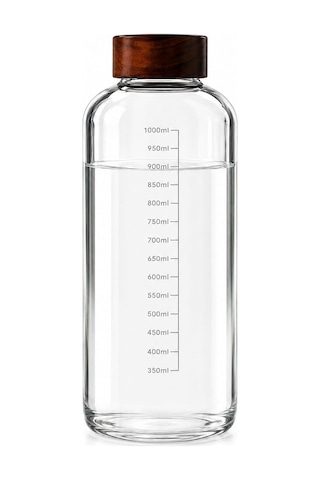 1000 Ml Akasya Kapaklı Cam Matara Ölçekli Su Şişesi Sızdırmaz Kapaklı Şeffaf Cam Suluk Çok Renkli