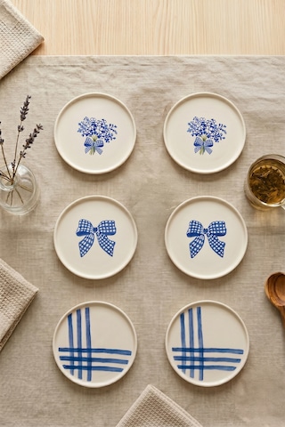 Blue Gift 6 Lı Seramik Pasta Tabağı 20 Cm Mavi Desenli 6 Kişilik Tatlı Sunum Servis Tabak Seti Beyaz
