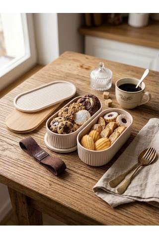 Premium Bambu Kapaklı Çift Katlı Lunch Box - Modern Tasarım Kilitli Beslenme Kutusu Ve Saklama Kabı Krem