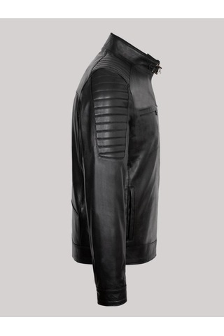 Hakiki Kuzu Derisi Siyah Erkek Deri Mont Omuz Kol Işlemeli Slim Fit Deri Ceket Siyah