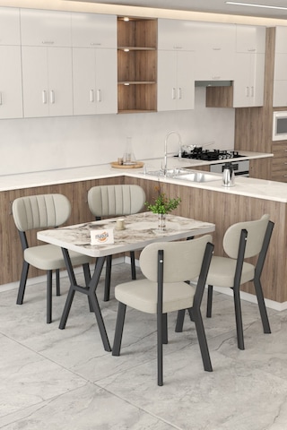 Gnr 70x110cm Sabit Efes Mutfak Masası Takımı, Yemek Masası, 4 Modern Krem Sandalye Krem