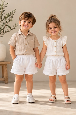 Elovias %100 Pamuk Müslin Çocuk Şort Unisex Kız Erkek Çocuk Yazlık Oversize Rahat Kalıp 1-2-3-4 Yaş Beyaz