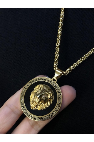 Aslan Kafası Grek Desenli Sarı Renk Işıklı Kutuda Sevgiliye Eşe Babaya Arkadaşa Çelik Kolye