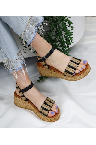 Asmi Shoes Hasır Detaylı Mantar Taban Ortopedik Taban Sandelet Siyah Siyah