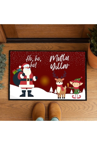 Mutlu Yıllar Geyik Elf Noel Baba Kapı Önü Paspası 60x40 Cm Paspas Çok Renkli