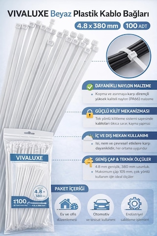 Vıvaluxe Beyaz Plastik Kablo Bağı 4.8 X 380 Mm 100 Adet , Dayanıklı Naylon Malzeme, Güçlü Tutuş, İç Ve Dış Mekan Kullanımına Uygun, Kablo Düzenleme Ve Sabitleme İçin Ideal Zip Tie Seti