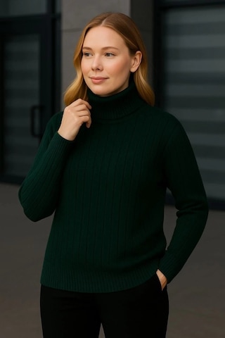 Balıkcı Yaka Bağazlı Triko Kazak Pamuklu Kalın Fitilli Dokuma - Haki Haki