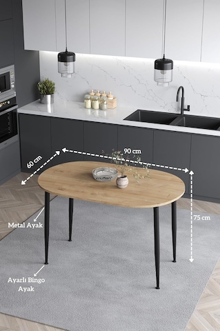 Melinda 60x90 Cm Safir Meşe Desen Mutfak Masası Yemek Masası Balkon Masası Çalışma Masası Safir Meşe-siyah Ayak Çok Renkli