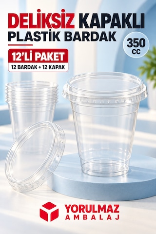 350 Cc Deliksiz Kapaklı Sızdırmaz Pet Bardak 12'li 40