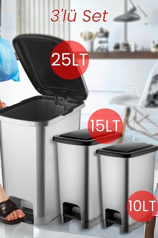 Nandy Home Eco Slim Pedallı Çöp Kovası 3'lü Set / 10-15-25 Lt Antrasit