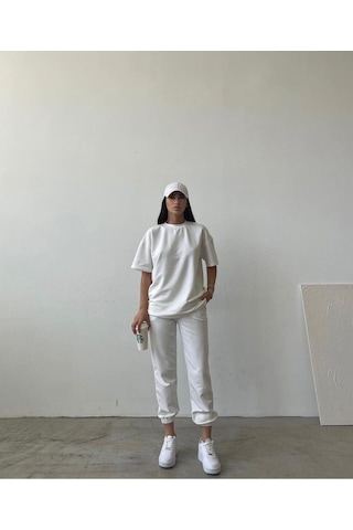 Movement T-shirt Eşofman Altı Jogger- Baskılı Alt Üst Eşofman Takım Oversize Bisiklet Yaka Beyaz