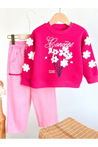Elzo Collection Kız Çocuk Ön Ve Kolları Çiçek Aplikeli Sweatshirt Gabardin Denim Kot Alt Üst Takım Çok Renkli