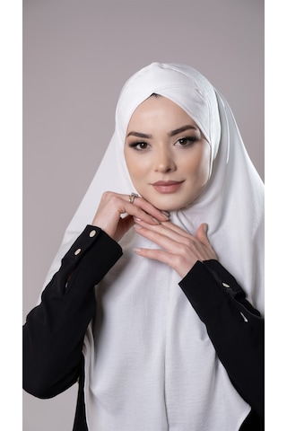 Hürrem Bone Krem Pratik Hazır Geçmeli Tesettür Eşarp Pamuk Caz Kumaş Tek Katlı Çapraz Hijab 2305 40