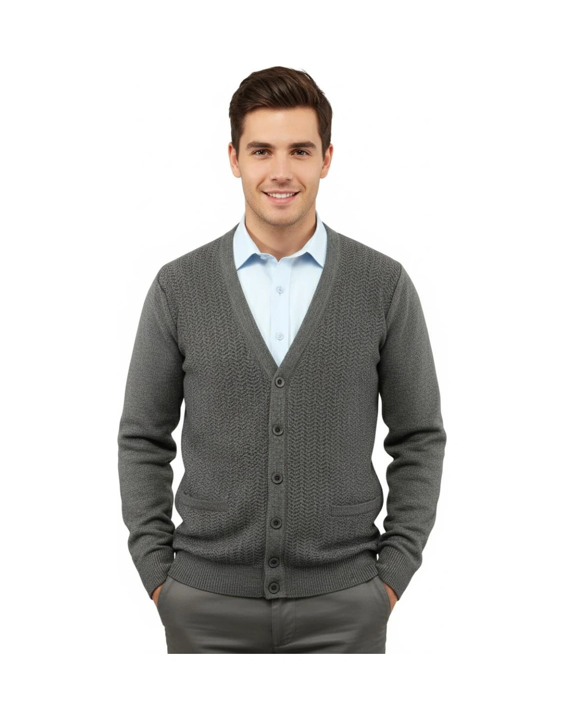 Erkek Düğmeli Hırka Cepli Çelik Örgü Klasik Kalıp 5212m Bgl-st04848 Koyu Gri