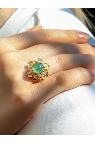 Esha Store Doğal Taş Yeşil Akik Doğal Taşlı Çiçek Model Telkari Kadın Ayarlanabilir Altın Kaplama Yüzük Euy61ya Yeşil