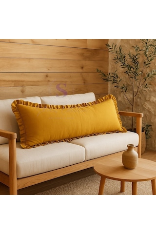 Fırfırlı Vintage Buldan Hardal Sarı Renk Iskandinav Uzun 40x100 Kırlent Yastık İçi Dolgulu Hardal Sarı