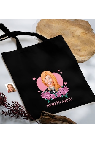 Bk Gift Kişiye Özel Anneler Günü Karikatürlü Siyah Kumaş Bez Çanta, Baskılı Omuz Çantası, Alışveriş Çantası, Anneye Hediye-2