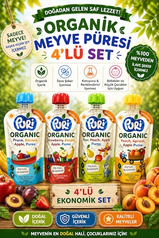 Organic %100 Organik Meyve Püresi 100 G x 4 Karışık Aroma İlave Şekersiz 4'lü Set
