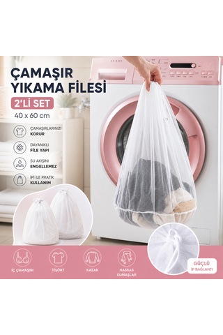2'li Çamaşır Yıkama Filesi 40x60 Cm İpli Beyaz