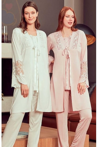 Bone Club 4906 PUDRA Hamile Lohusa 3 Lü Dantel Kollu Pijama Sabahlık