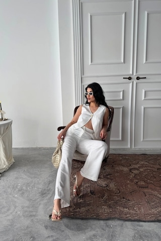 Defymoda Keten Tek Düğme Yelek-pantolon Takım - Beyaz Beyaz