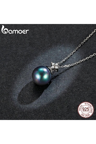 Bamoer 925 Ayar Gümüş Zarif Siyah İnci Charm Kolye Kabuk İnci Zirkon Zincir Kolye Kadınlar İçin Güzel Takı Gümüş