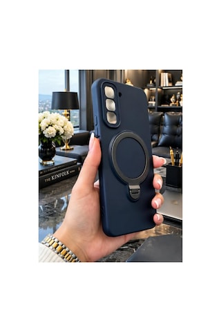 İnfinix Hot 70 4g İle Uyumlu 360 Derece Dönebilen Kalın Metal Magsafe Halka Stantlı İçi Kadife Korumalı Ultra Lüx Premium Silikon Kılıf Koyu Lacivert