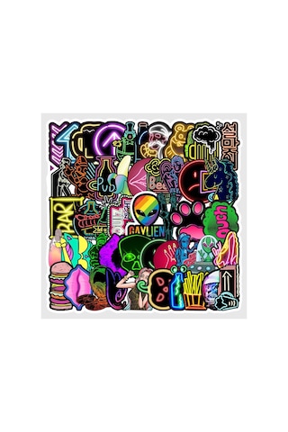 Cajuart 50 Adet Tekrarsız Neon Tarz Pvc Sticker Süs 010