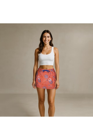 Anemoss Mercan Kadın Şort Etek Lastikli Bel, Bağcıklı, Pembe Desenli Yazlık Skort Çok Renkli