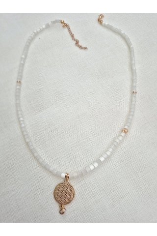 Sedef Boru Boncuklu Yaşam Çiçeği Kolye Uçlu Bayan Kolye