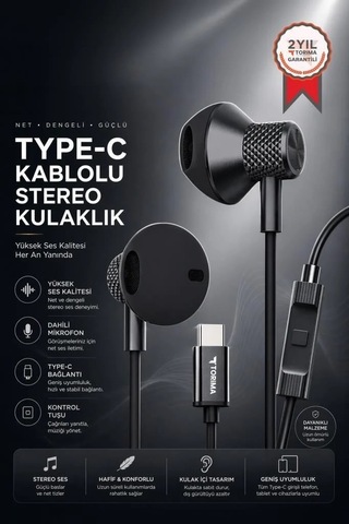 Premium Ses Aksesuarı Bağlantı Parçası Pratik Parça Kablolu Kulaklık Type-c Tc05 Siyah