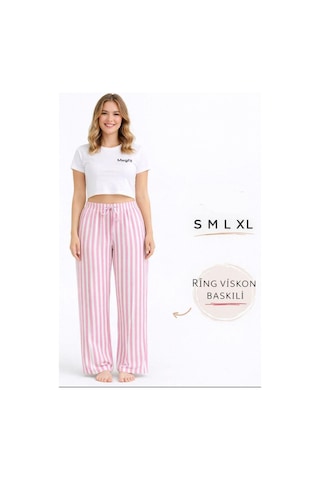 Viskon Pamuklu Kadın Pudra Pembe Çizgili Pijama Pantolon - Mg004 - Mudanis