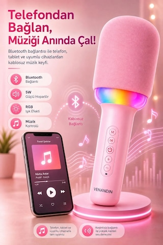 Exenar - Pembe - Kablosuz Bluetooth Karaoke Mikrofonu 5w Rgb Işıklı Taşınabilir Kablosuz Mikrofon Şarjlı 1200 Mah