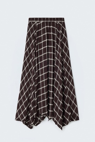 Sateen Uzun Ekose Etek - Kahve-137708